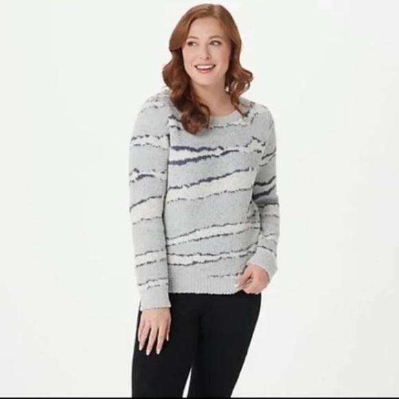 BAREFOOT Dreams CozyChic blue/gray Seaside soft plush Crew-Neck Pullover sweater - Picture 1 of 6